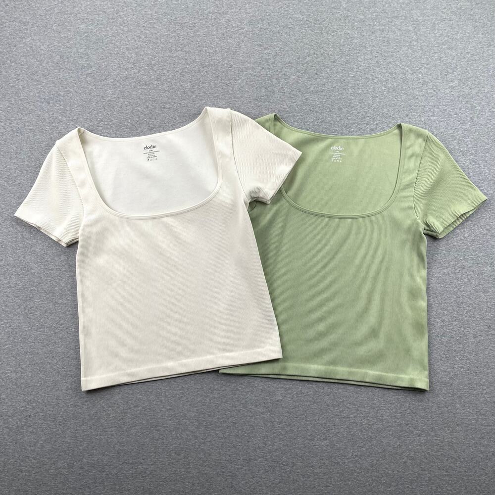Lot of 2 Elodie Tops Womens L/XL Green White Square Neck Ribbed Seamless Workout
